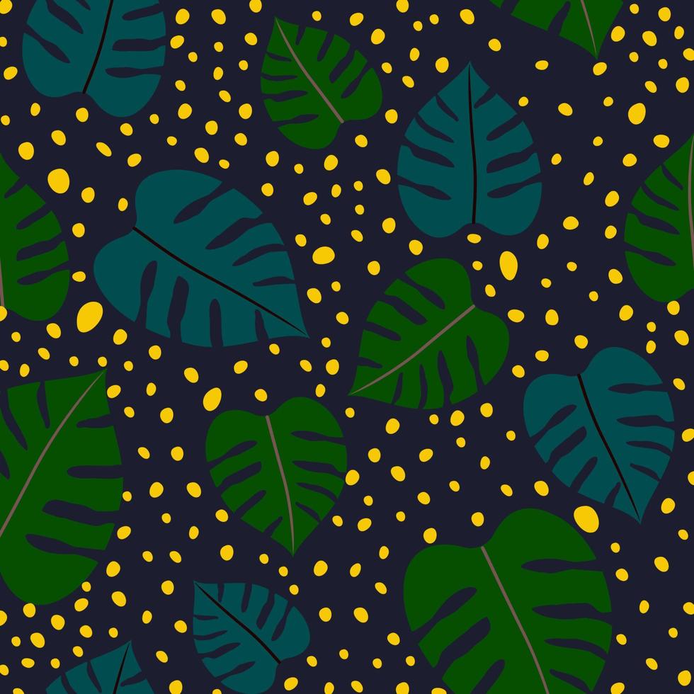 Blue and green leaves illustrations on a navy blue background with yellow polka dots. vector