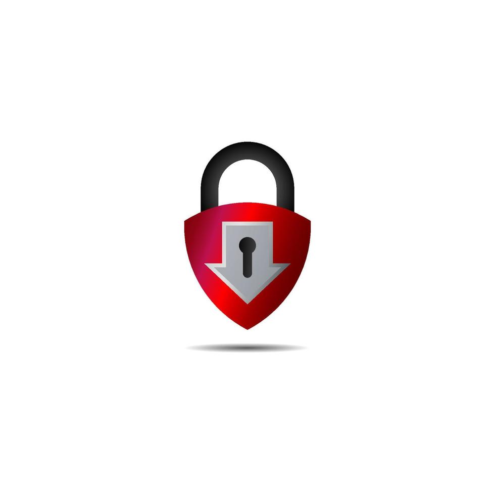 Lockdown sign illustration isolated on white background. Metalic red shield padlock with Down arrow shape icon. Security logo concept. Protection design element. Lock logo template vector