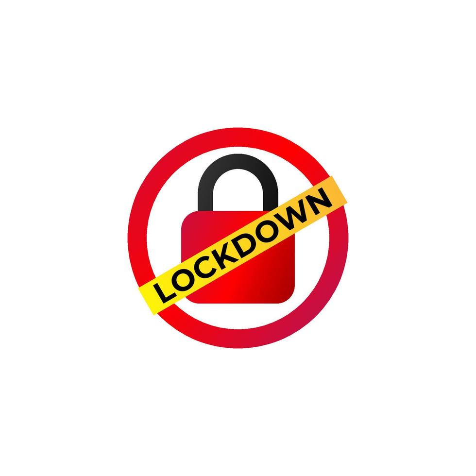 Lockdown sign illustration isolated on white background. Red padlock icon Security logo concept. Protection design element. Lock logo template. Red Ellipse shape with yellow diagonal label vector