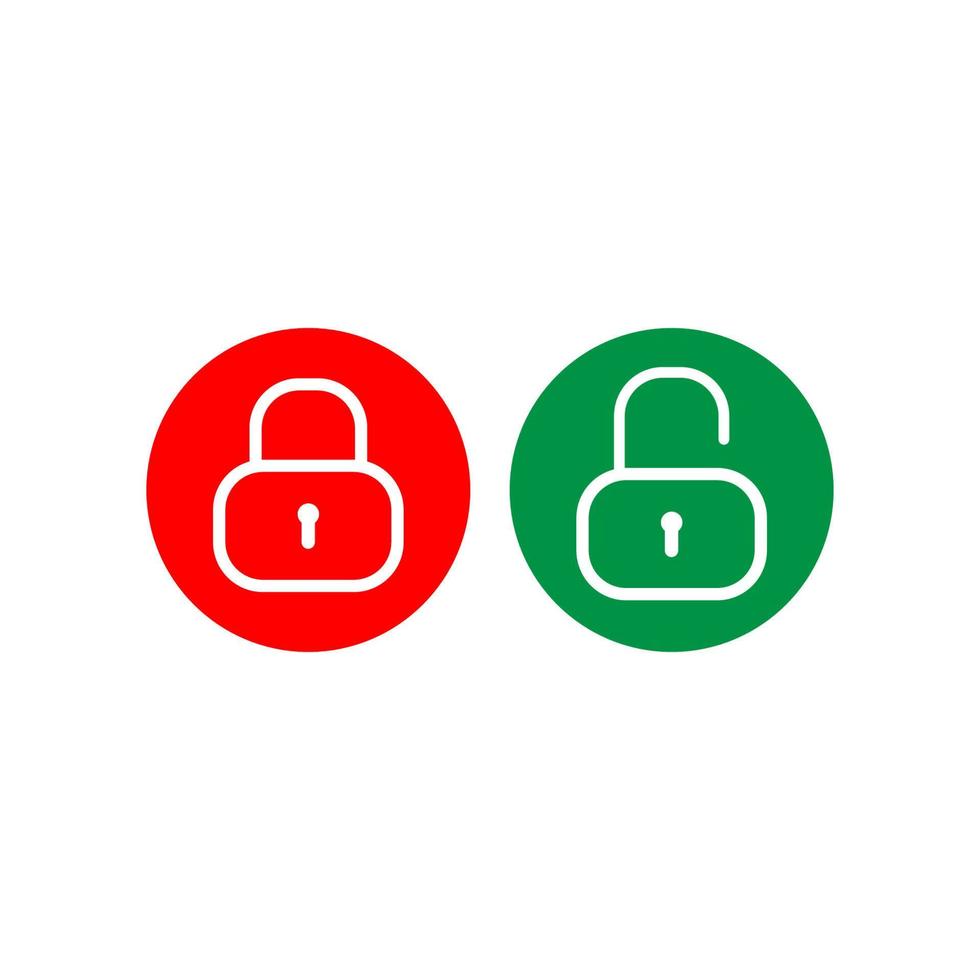 Lock and Unlock button design template. Padlock outline icon vector illustration with round shape. Protection design element.  Security symbol isolated on white background. Red and Green Color