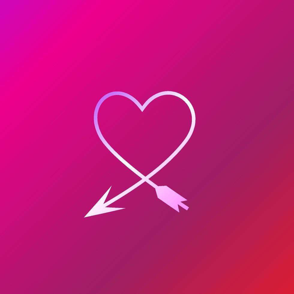 forma de corazón con elemento de flechas aislado en el fondo de gradación púrpura magenta, vector de ilustración de símbolo de amor plateado