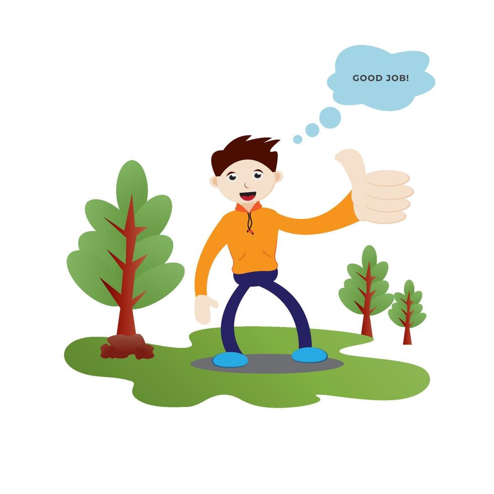 Happy faced boy with thumbs up gesture. Flat character vector illustration.