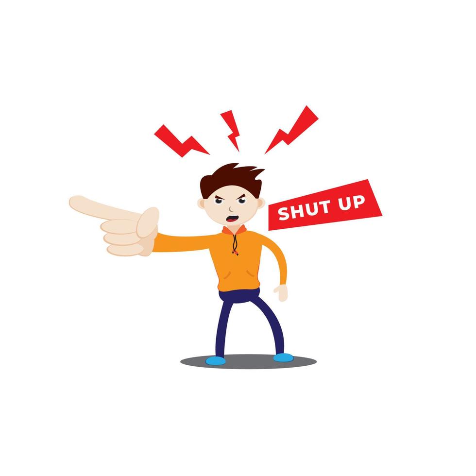 Anggry faced boy with pointing finger gesture. Flat character vector illustration. He say Shut Up