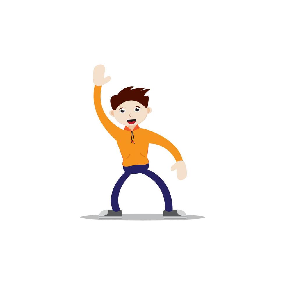 Cheerful-faced boy is standing while waving. Flat Character vector illustration.