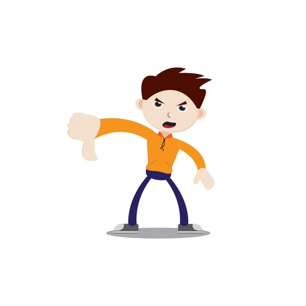 Angry-faced boy with thumbs down. Wearing an orange jacket, navy blue pants and sneakers. Flat character illustration isolated on white background. vector