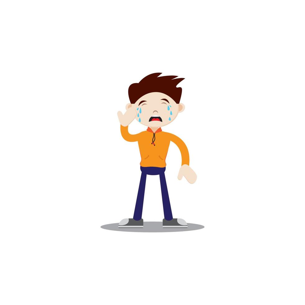 The boy standing up is crying. Wearing an orange jacket, navy blue pants and sneakers. Flat character illustration isolated on white background. vector