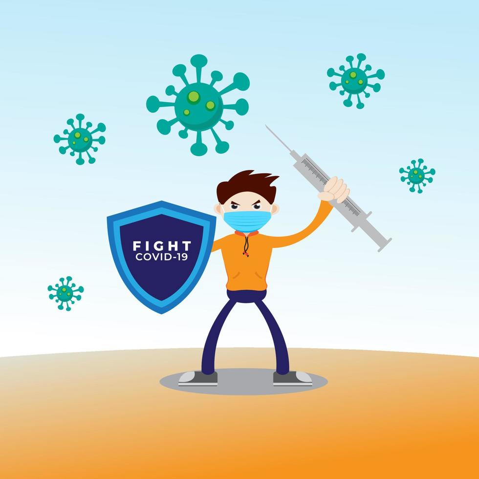 a boy wears a mask, holds a shield and injections in his hand. fight covid-19 flat character vector illustration. poster for the corona virus spread prevention movement