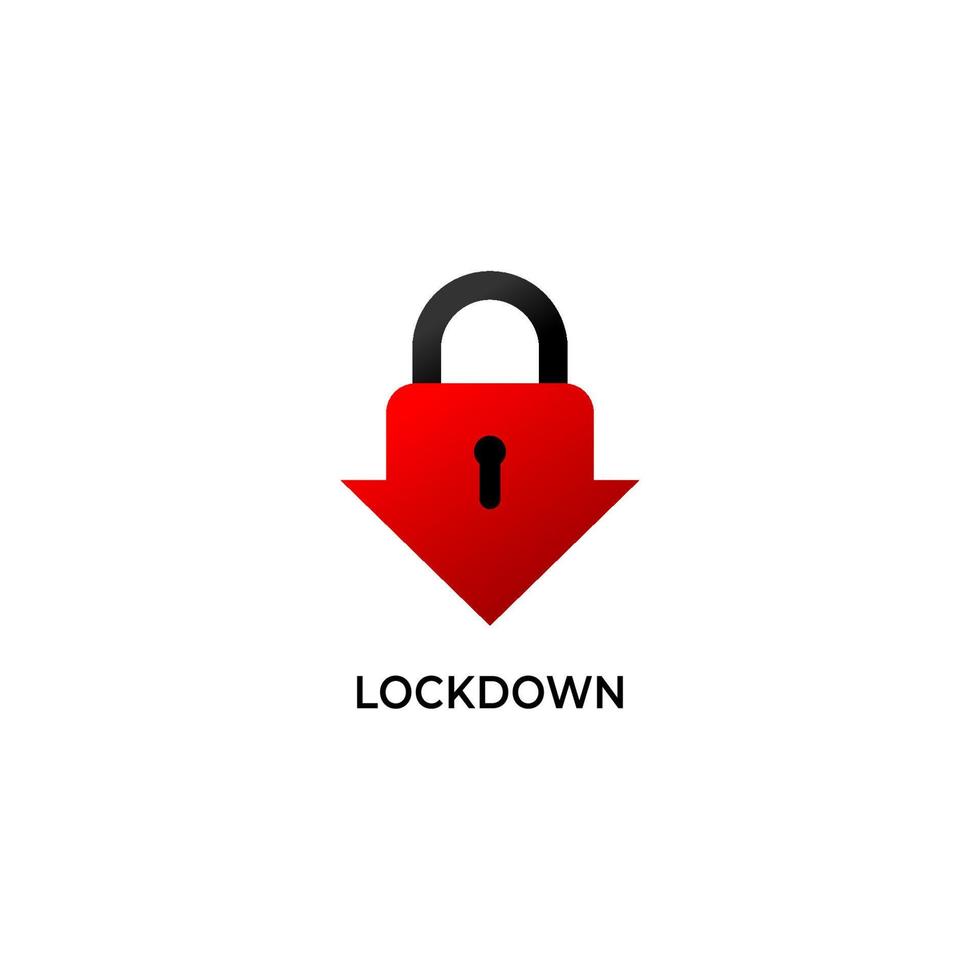 Lockdown sign illustration isolated on white background. Red Down arrow padlock shape icon. Security logo concept. Protection design element. Lock logo template vector