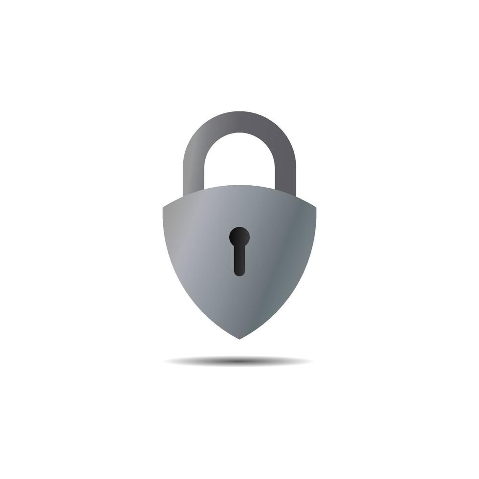 Lockdown sign illustration isolated on white background. Silver Metalic shield padlock shape icon. Security logo concept. Protection design element. Lock logo template vector