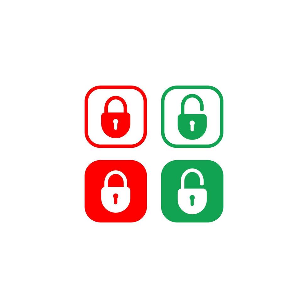 Minimal Lock Unlock button set. Padlock icon vector illustration with rounded rectangle shape. Security design element. Protection symbol isolated on white background. Red and Green Color