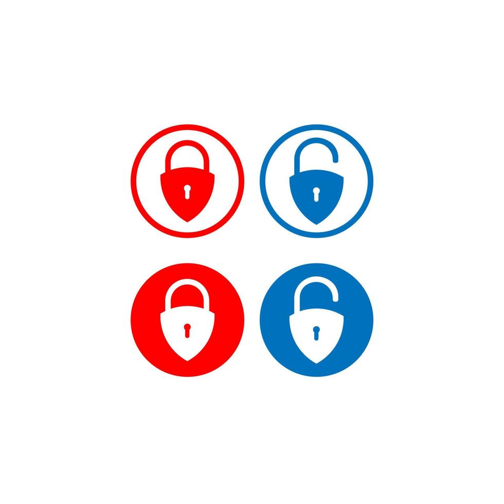 conjunto de botones de desbloqueo de bloqueo mínimo. icono de escudo de candado ilustración vectorial con forma redonda. símbolo de protección aislado sobre fondo blanco. elemento de diseño de seguridad. color rojo y azul vector