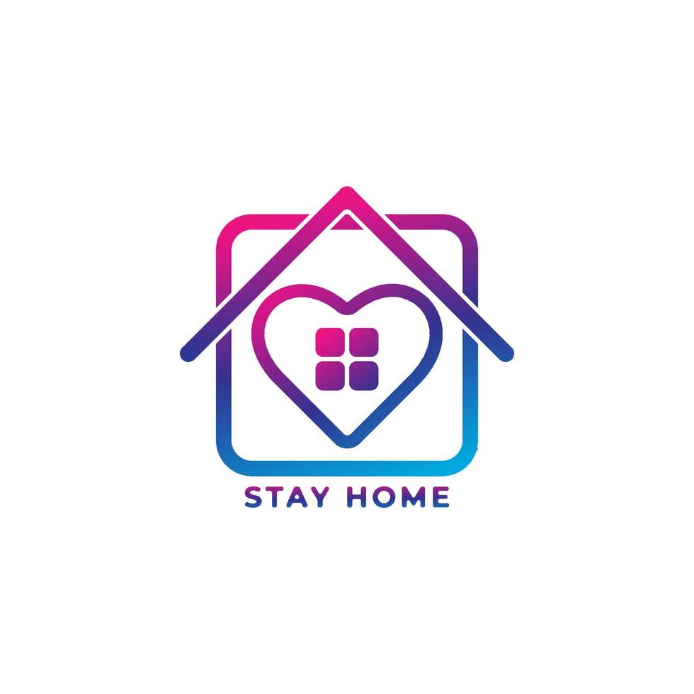 colorido diseño de logotipo de estancia en casa aislado sobre fondo blanco. el hogar y el corazón ilustran la protección y el amor. detener la propagación del coronavirus. luchar covid-19. color de gradación azul púrpura magenta vector