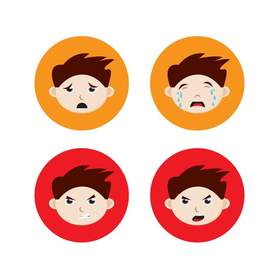 Emotional face boy expressions pack. Flat character vector illustration. Tired, Crying, Angry, Furious, Annoyed, Snapped