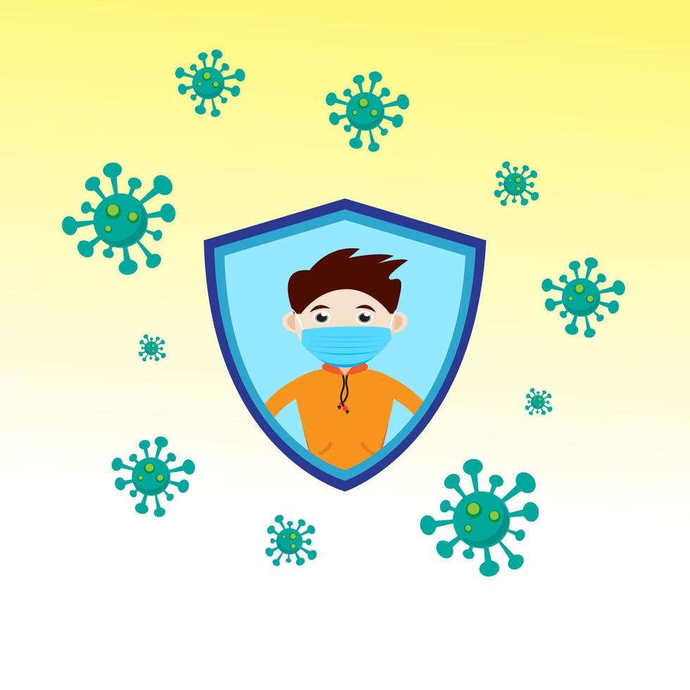 Boy wearing a mask inside blue shield frame protected from Covid-19. Flat character vector illutration