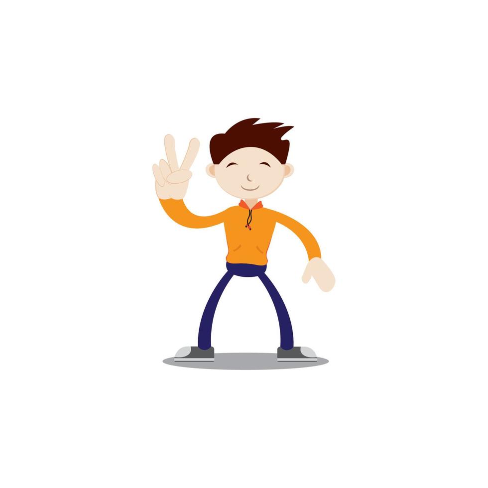 a boy is standing with a cute face and peace hand sign. Wearing an orange jacket, navy blue pants and sneakers. Flat character illustration isolated on white background. vector