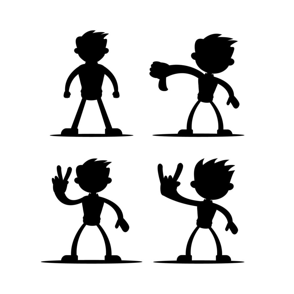 Set of four vector illustrations of silhouettes of boy cartoon character in various gestures in black isolated on white color background. Vol 3.