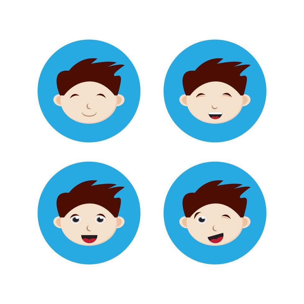 Happy face boy expressions set. Flat character vector illustration. Cute, Smile, Cheerful, Laughing, Winking