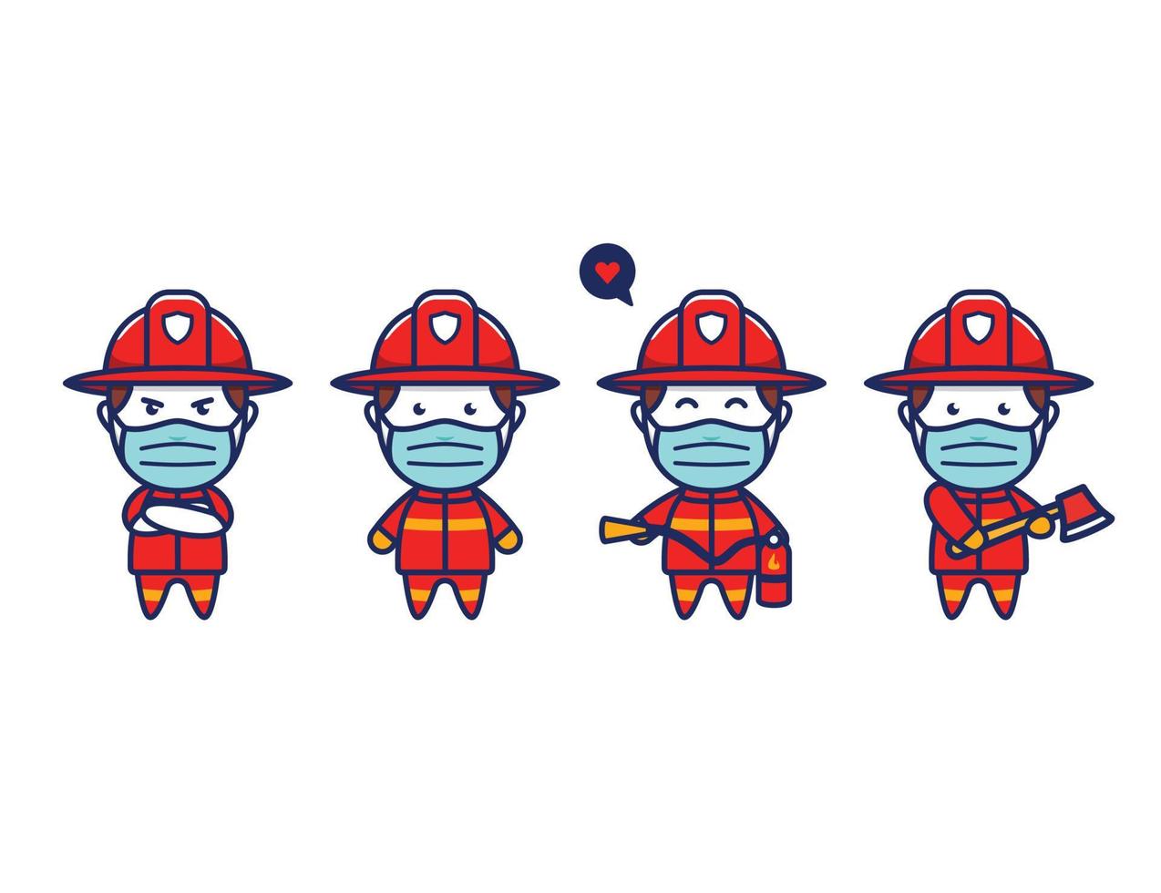 cute firefighter worker officer character chibi mascot set with face mask protection from covid coronavirus flu vector
