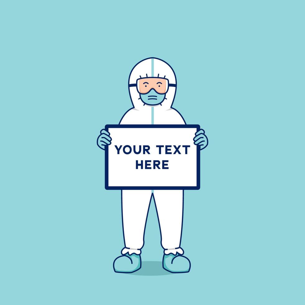 Doctor with hazmat protective suit hold white board text template shows his thought vector