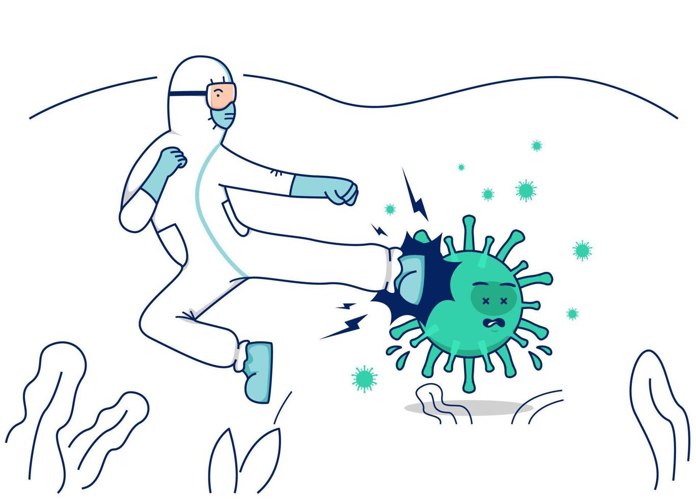 Vector illustration fight covid corona virus, Doctor with hazmat protective suit flying kick fight virus concept