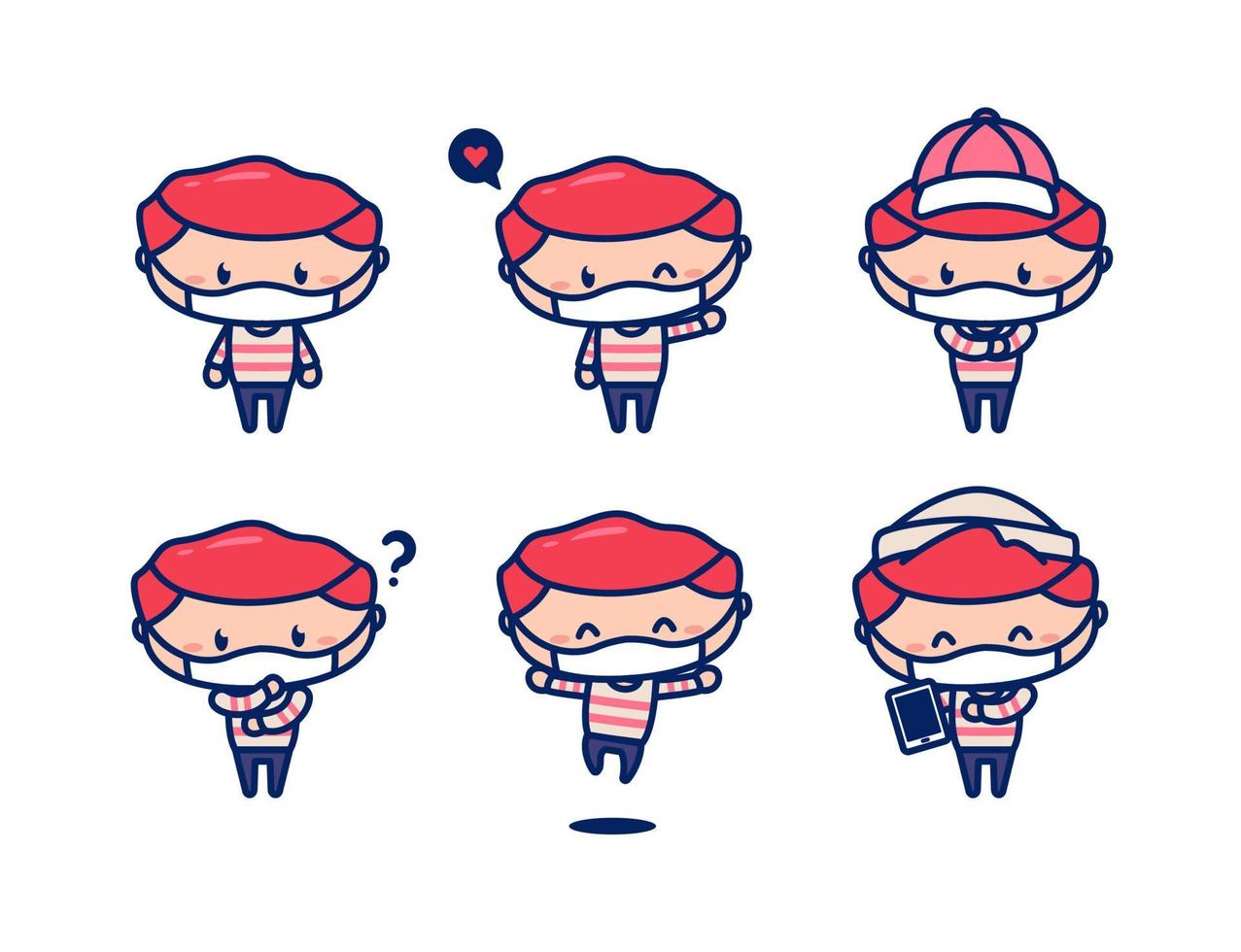 mascota de personaje masculino lindo joven casual con cabello rojo usar mascarilla para prevenir virus vector