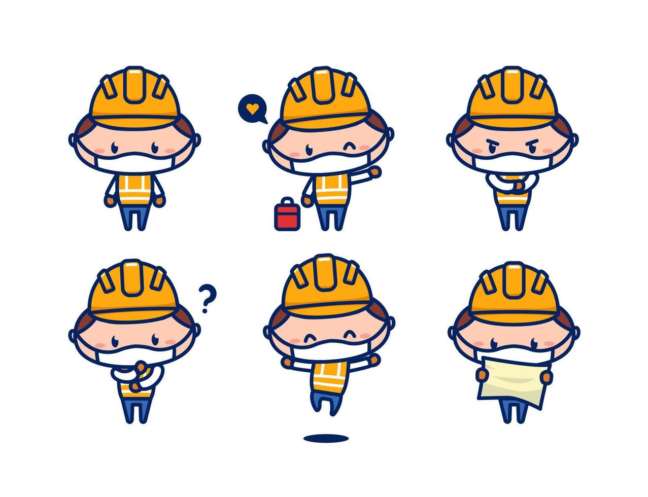 Cute construction worker character mascot with face mask protection from virus vector