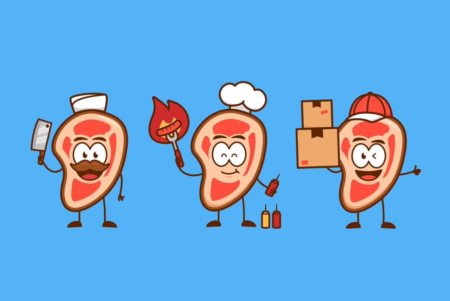 Cute funny raw meat steak cartoon character mascot activity set as butcher, chef, barbeque chef, and delivery service courier vector