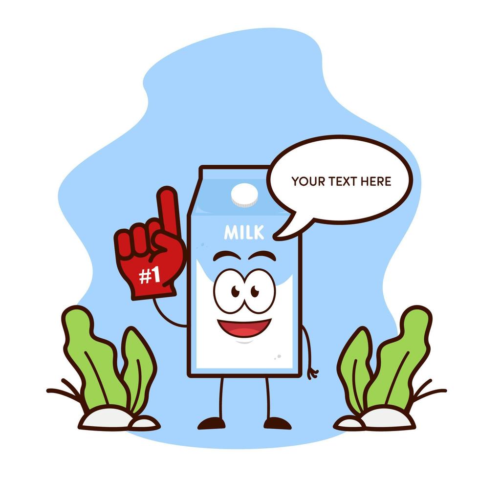 Cute cardboard carton milk cartoon character mascot raising number 1 glove fan supporter vector