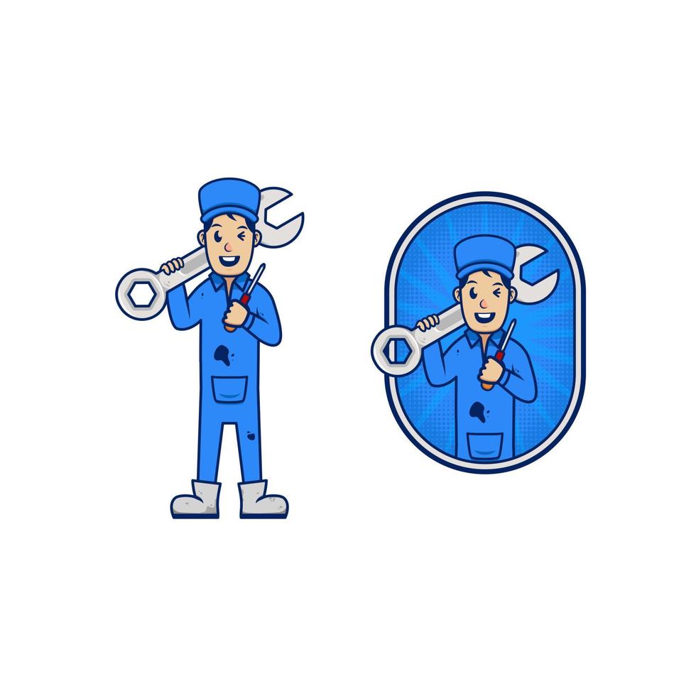 mecánico reparador mascota logo icono personaje dibujos animados para negocios llevar llave y destornillador vector