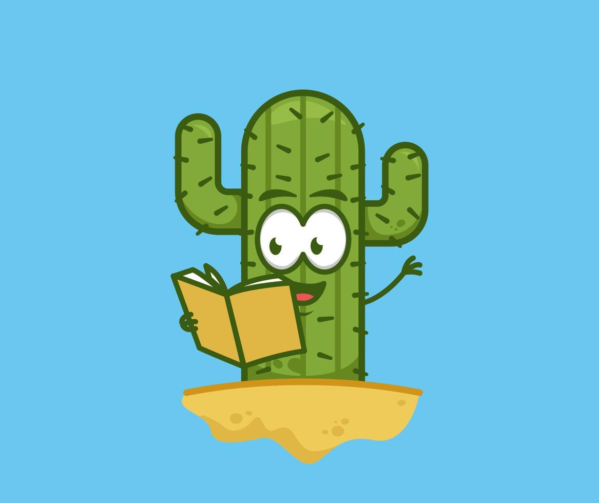 Cute cactus reading story book happily cartoon character mascot vector illustration