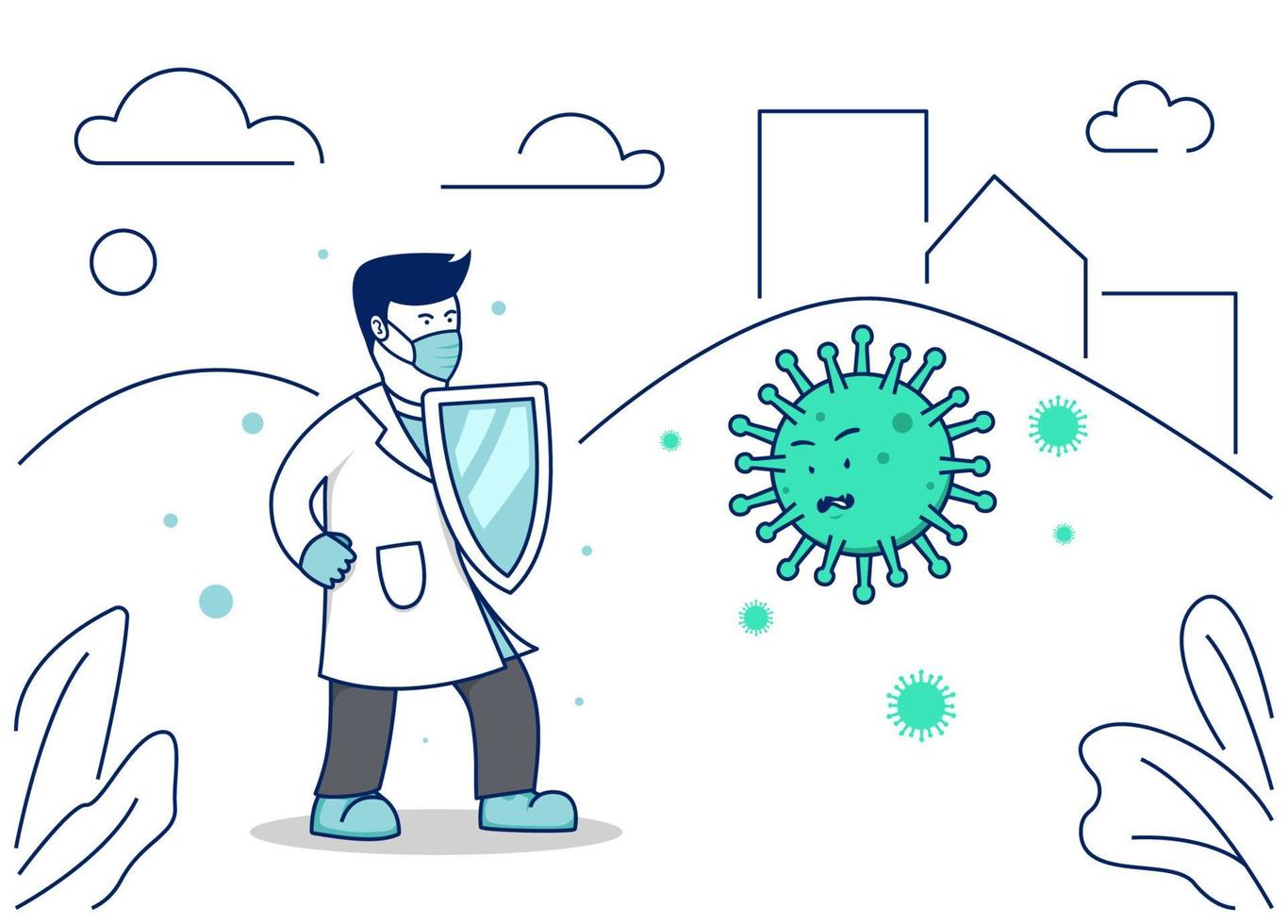 doctor fight coronavirus corona covid-19 pandemic disease vector illustration with shield and mask