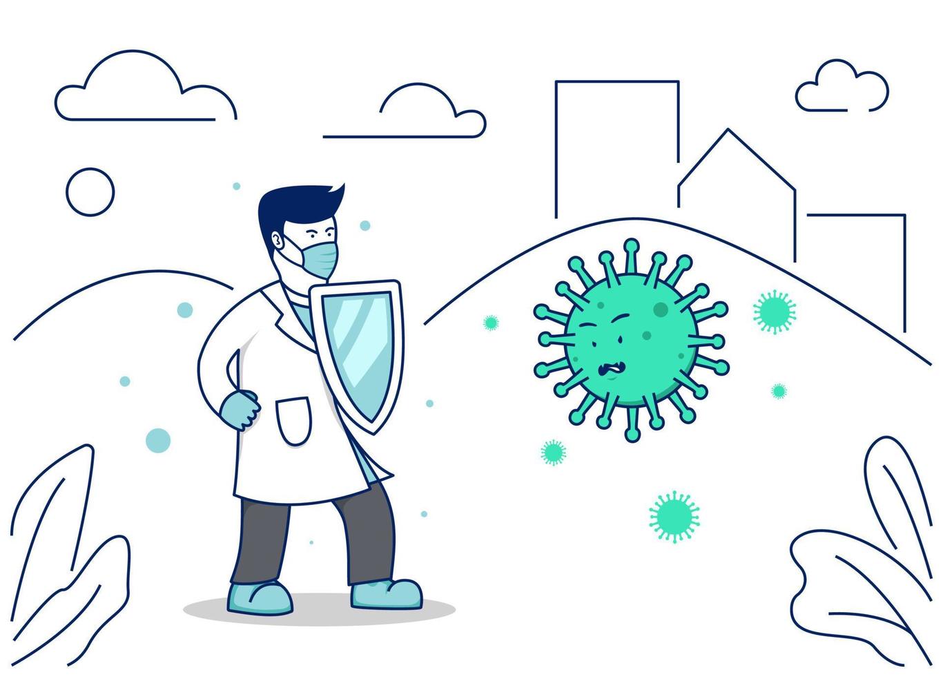 doctor lucha coronavirus corona covid-19 pandemia enfermedad vector ilustración con escudo y máscara