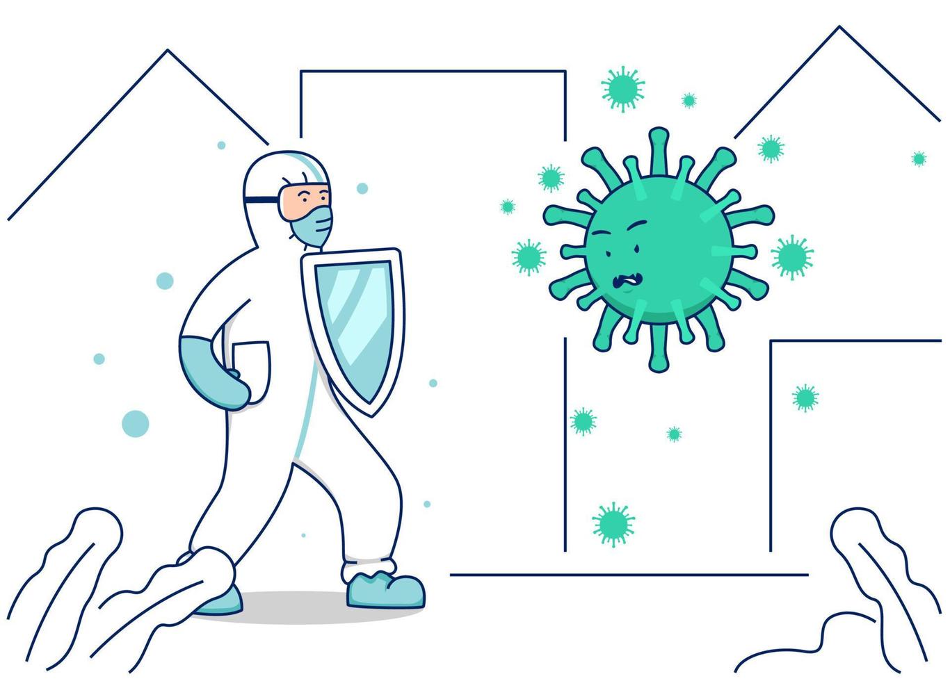 Vector illustration fight corona virus covid, doctor fight back virus bacteria with shield protect and save the city