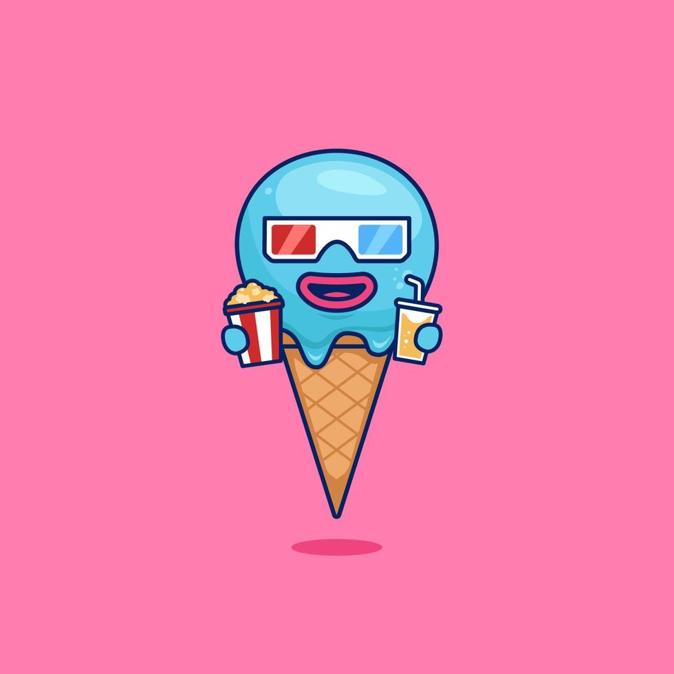 Cute ice cream cone dessert as movie goers mascot character watching movie in cinema illustration in cartoon style vector