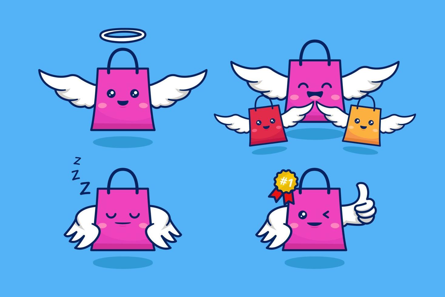 bolsa de compras voladora con personaje de ala de ángel vector de dibujos animados tienda en línea tienda servicio mascota concepto ilustración conjunto