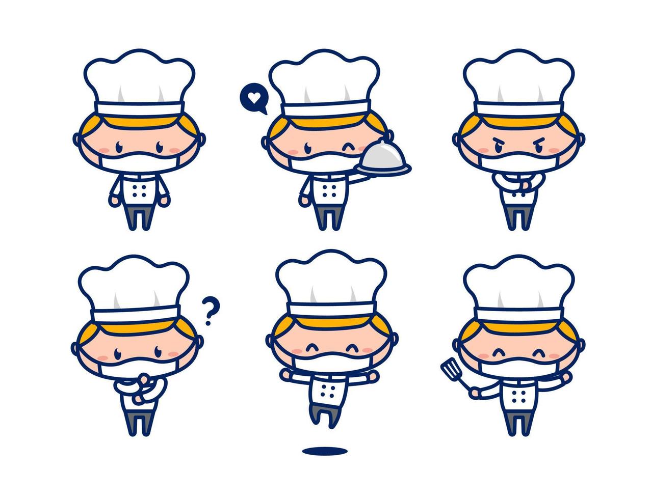 Cute male chef character mascot set wear face mask new normal vector