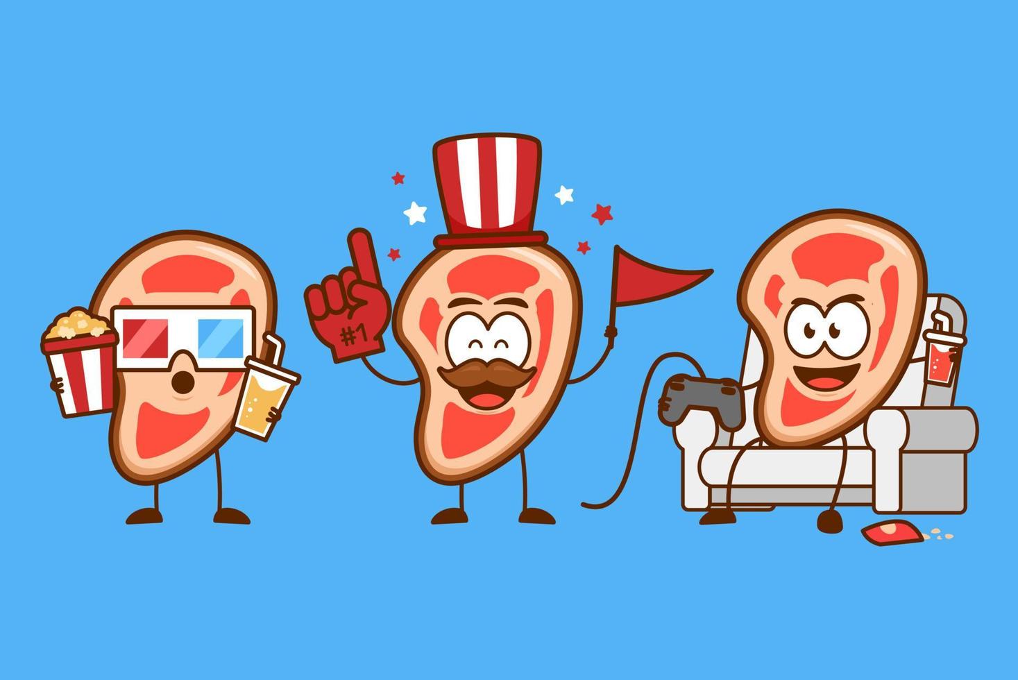 Cute funny raw meat steak cartoon character mascot entertainment activity set as movie watcher, sports supporter, and playing video games vector