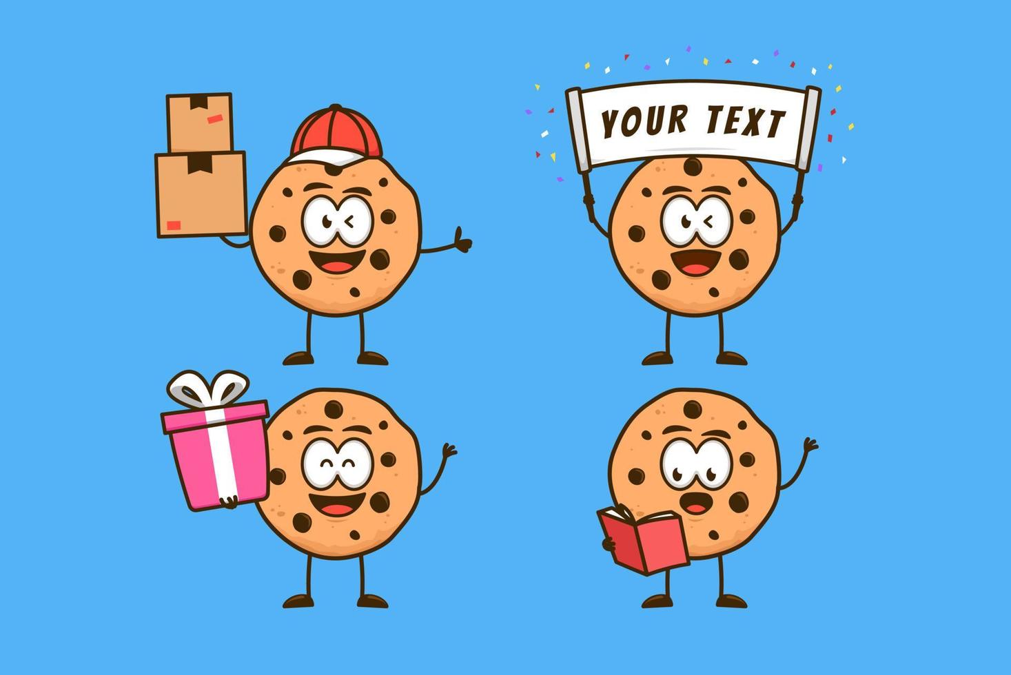 Cute cookies character cartoon mascot activity set, package delivery, giving gift, carry banner and reading book vector