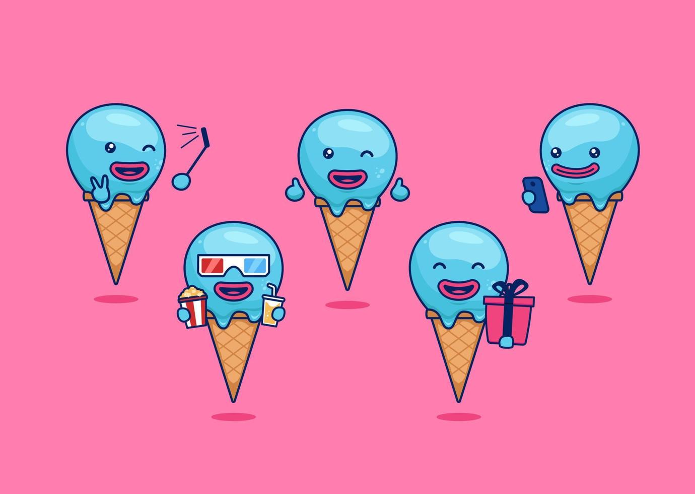 Cute funny ice cream cone cartoon character mascot in activity vector illustration set