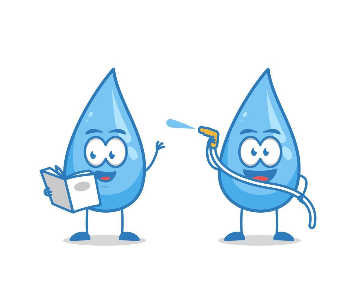 Reading book and spraying water  water drop humanized cartoon character vector illustration mascot for world water day