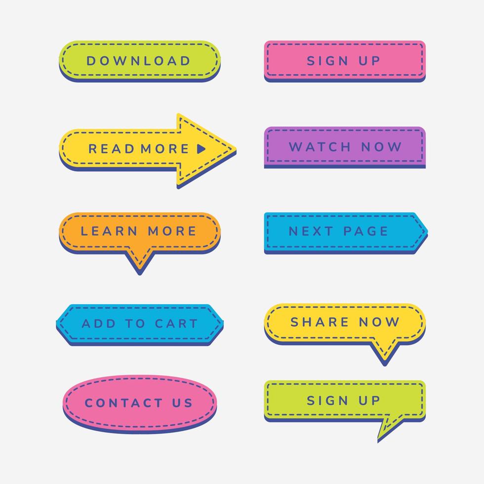 Colección de botones planos 3d con color pastel para la página de inicio del sitio web con el botón compartir, descargar, registrarse, ver ahora vector
