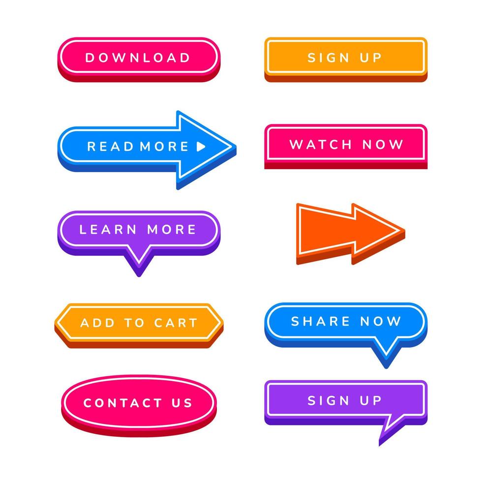 3d flat button collection for website landing page with share, download, sign up, watch now, learn more, read more, add to cart button vector