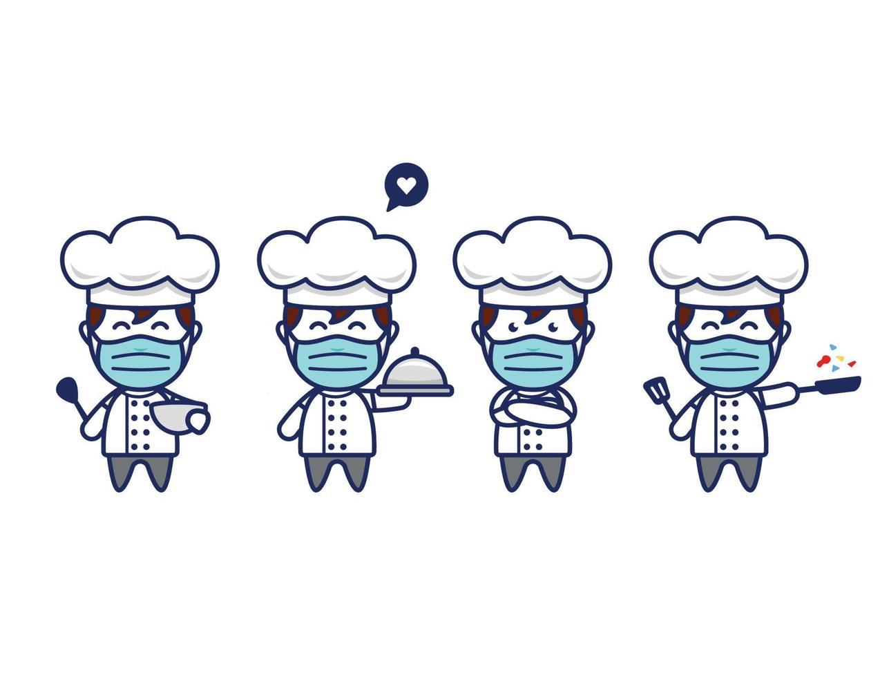 Cute chef character with face mask and chef hat in chibi style vector mascot pose set