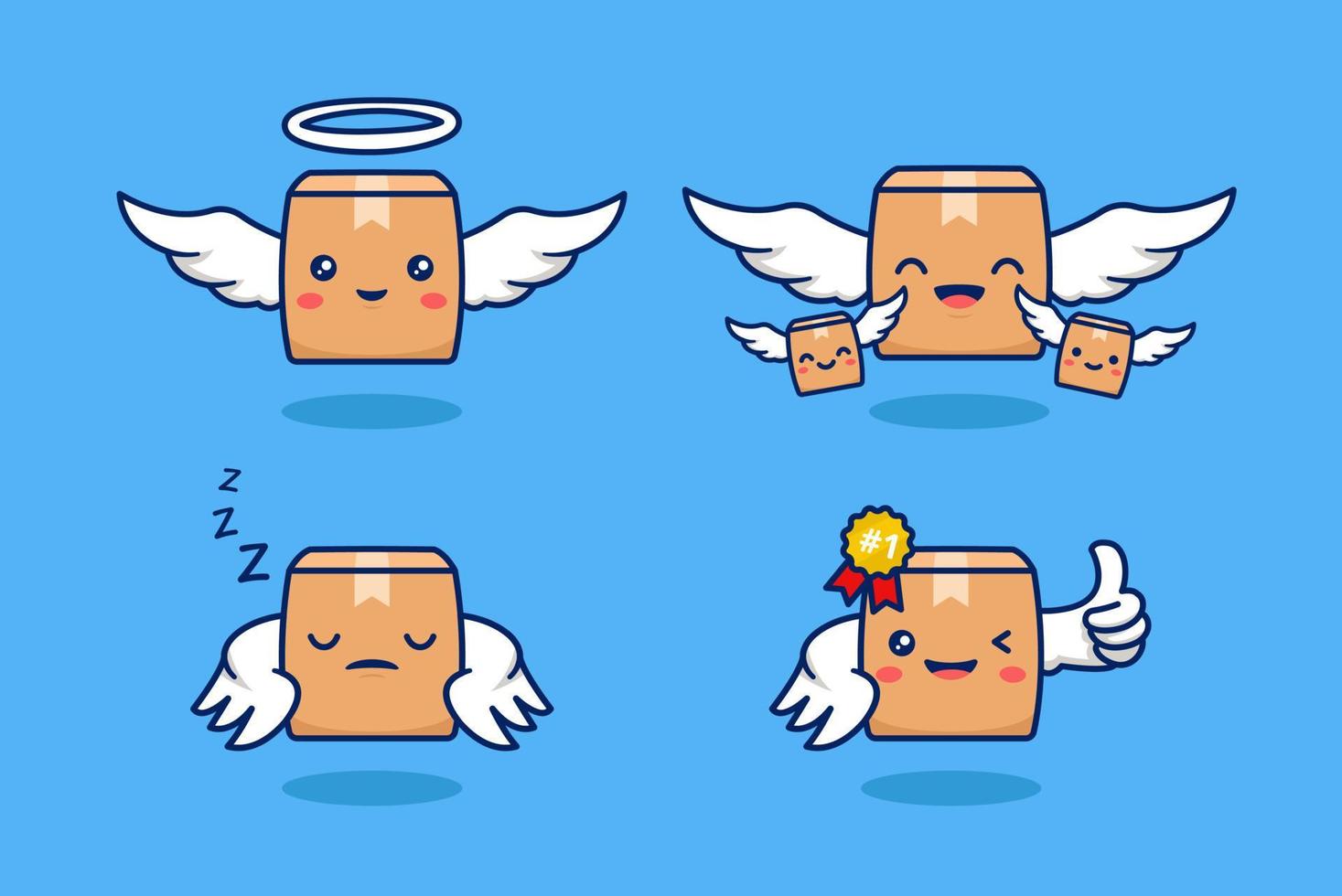 Flying parcel package with angel wing character vector cartoon delivery service mascot concept illustration set