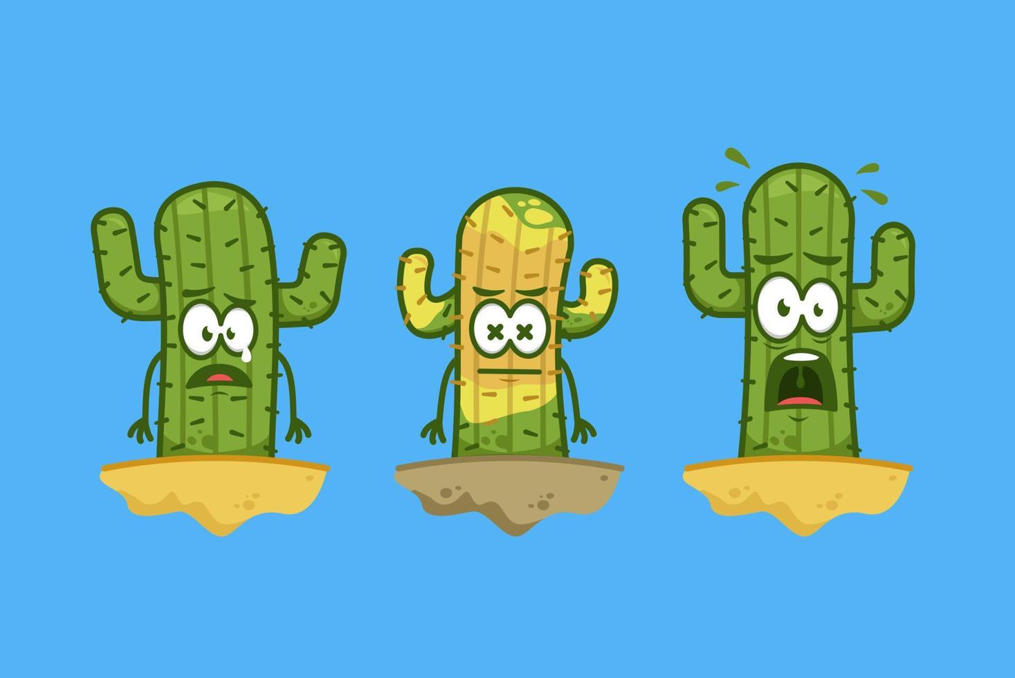 Cute funny cactus cartoon character mascot in scared, afraid, shock, and dead expression set illustration vector