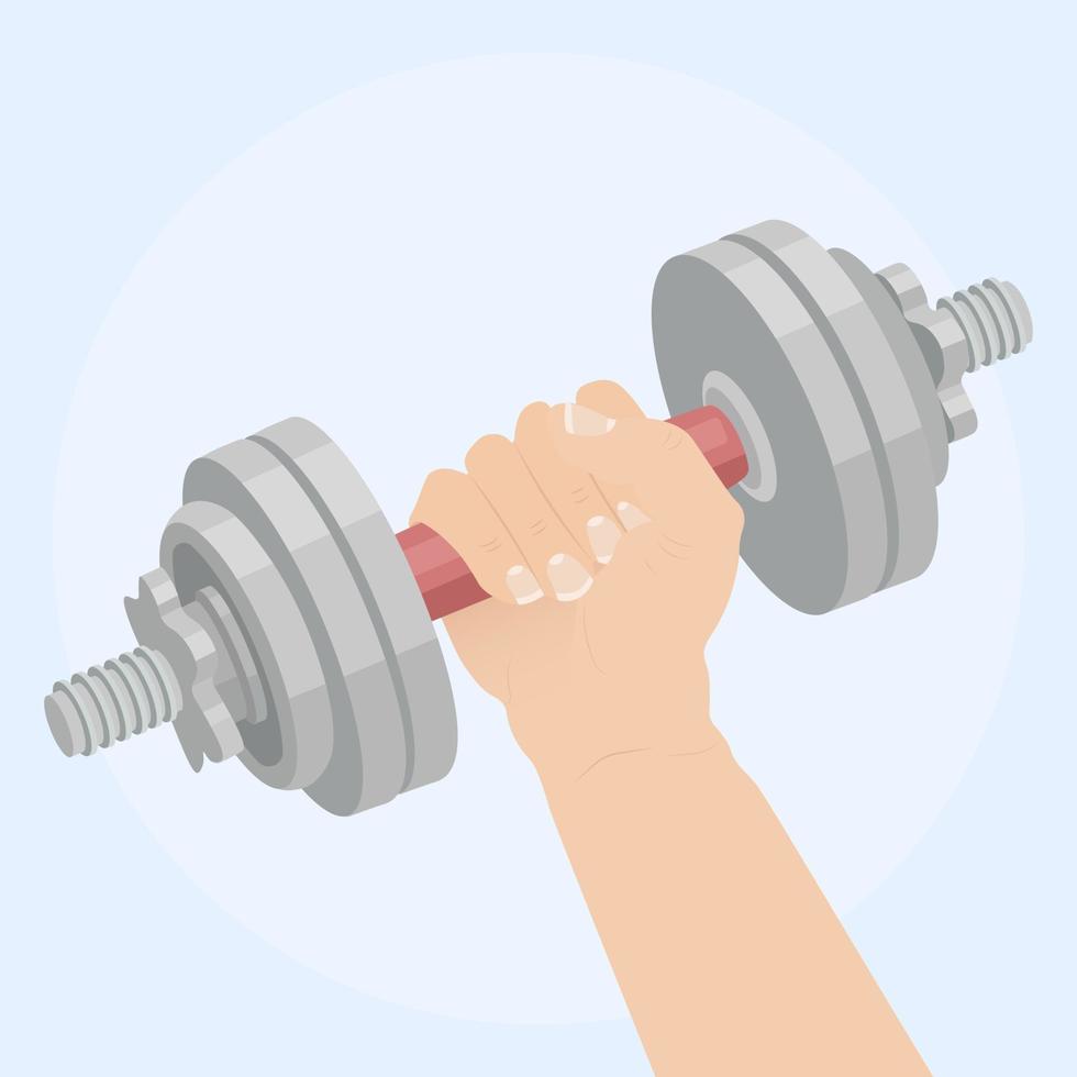 Hands hold dumbbells. Gym equipment. Healthy lifestyle, sport, fitness. Vector design