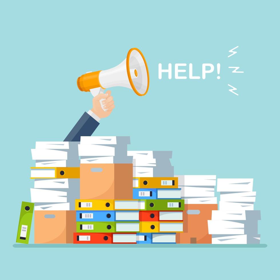 Pile of paper, document stack with megaphone, loud speaker. Stressed employee in heap of paperwork. Vector design