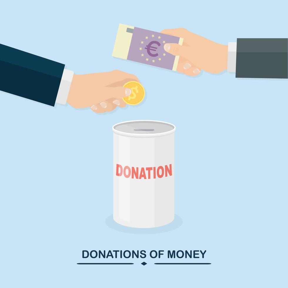 Hand putting coin, cash in jar. Donate, giving money, charity, volunteering concept. Donation box isolated on background. Vector design