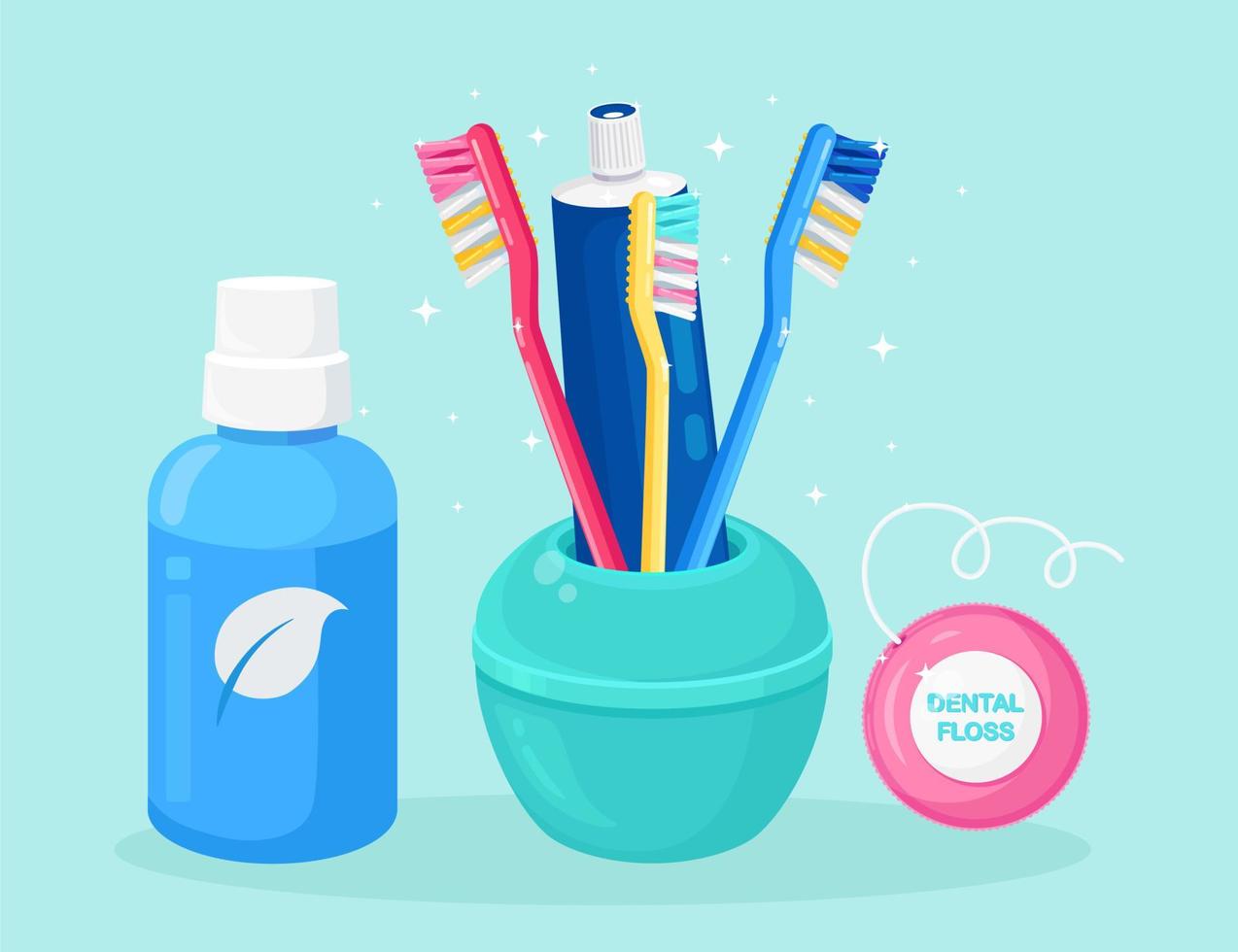 Set of dental cleaning, whitening tools. Toothbrushes, toothpaste, mouthwash and dental floss. Oral care. Vector design