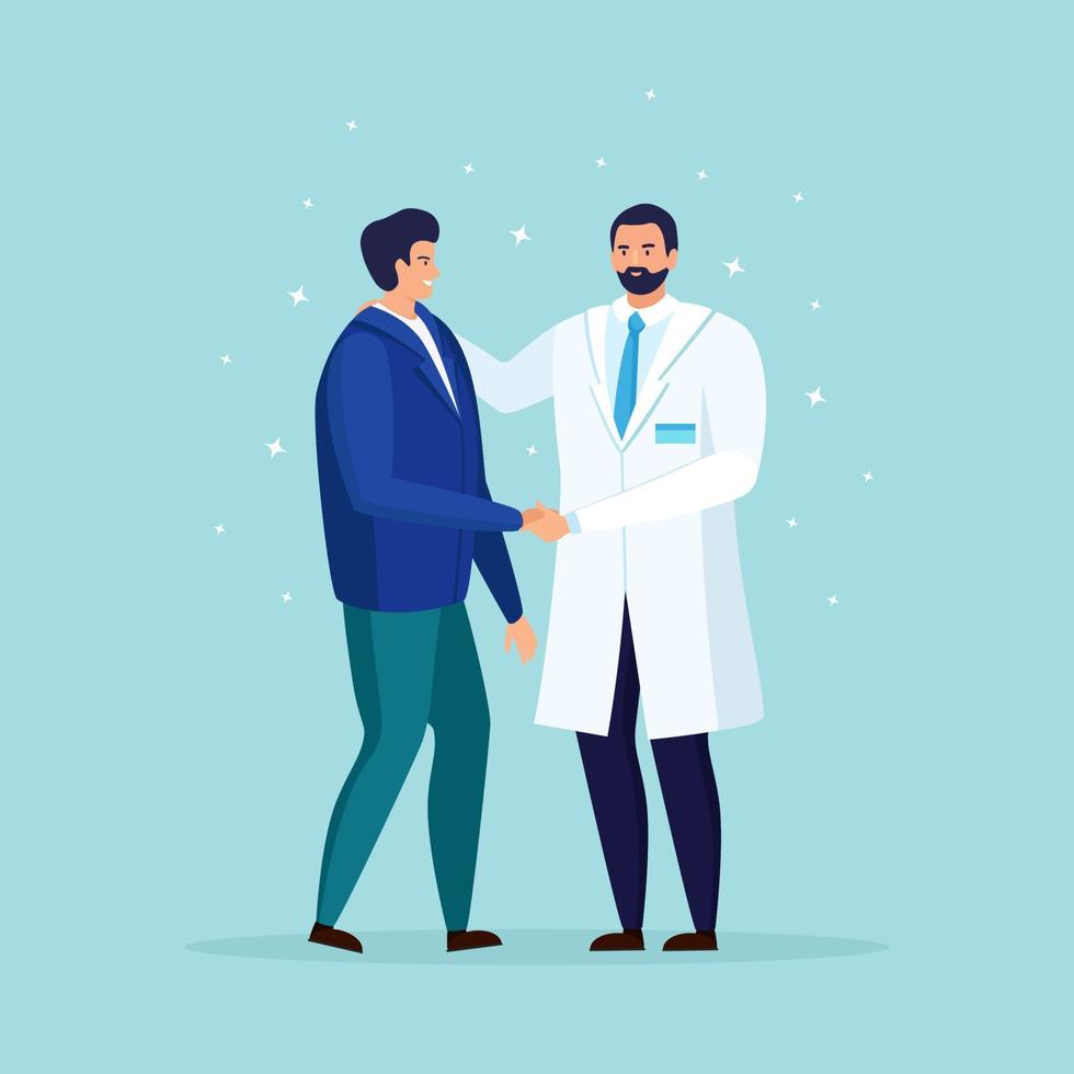 Doctor taking care of patient health. Medical exam, checkup, consultation concept. Therapist in white coat. Practitioner talking with man. Vector cartoon design